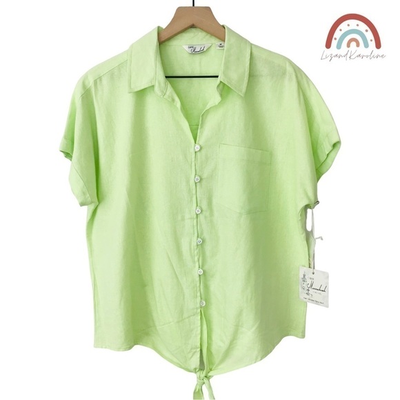 New! Linen Button Down Lime Oversized Camp ShirtTop - Picture 2 of 11